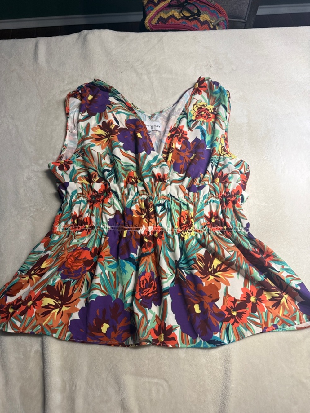 Gibson Latimer Floral V-Neck Peplum Tank in Purple, Orange, Teal